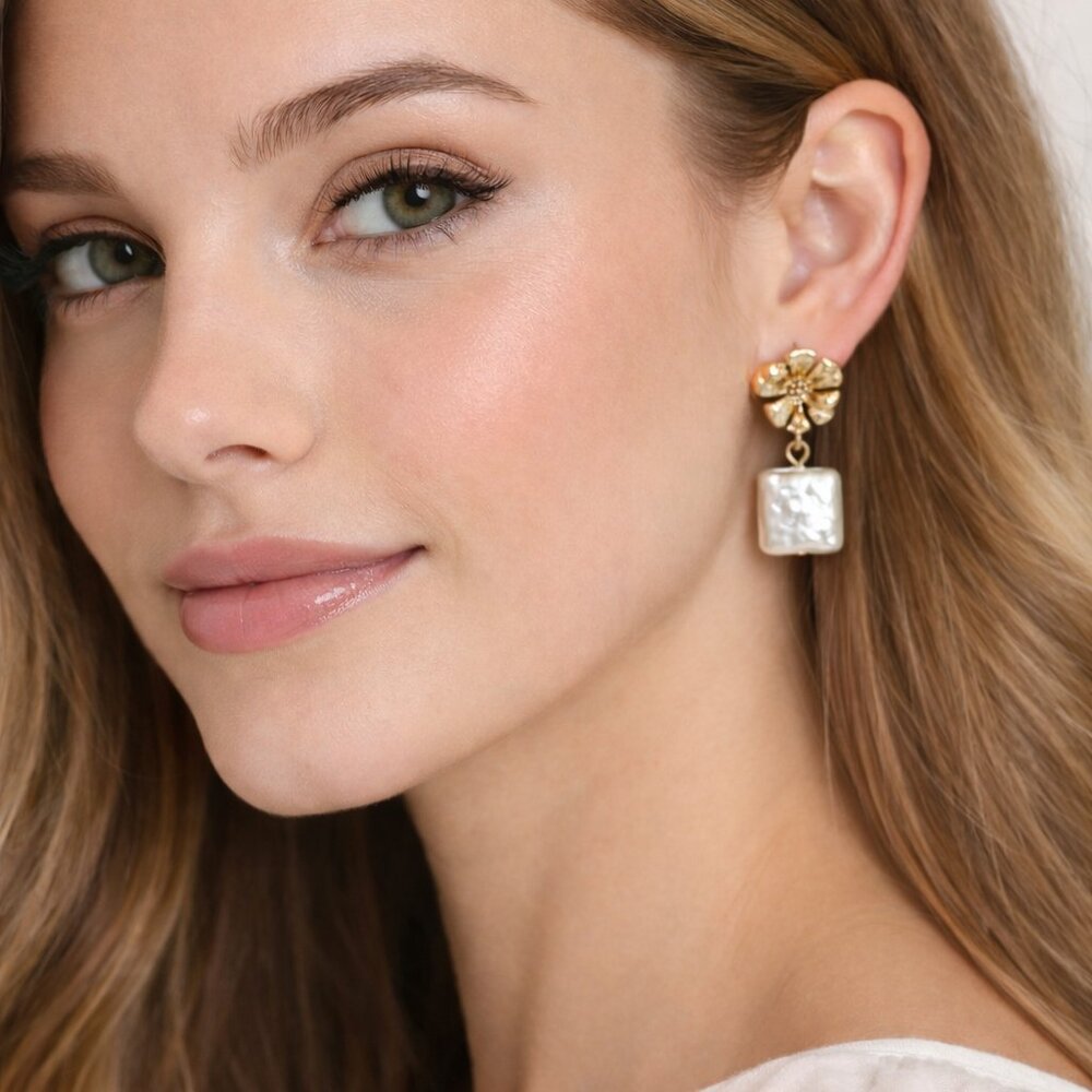 Melrose And Market Flower Drop Earrings Gold Tone Faux Pearl 1.25 In Nickel Free